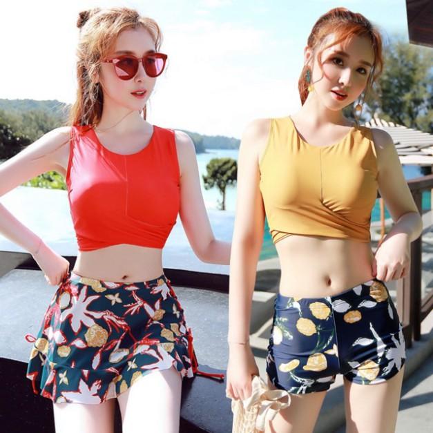 Đồ bơi áo tắm bikini 3 mảnh - Vàng 3 mảnh váy hoa,L ( 50-58kg)