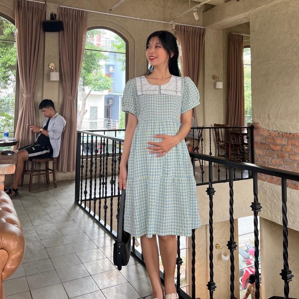 Đầm bầu karo cổ thuỷ thủ phom babydol trẻ trung, đáng yêu Nữ Women Cotton Thun - Xanh biển