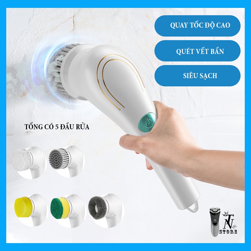 Máy Cọ Rửa Điện Cầm Tay Đa Năng RAZUNO Tặng Kèm 5 Đầu Chổi, Chống Nước IPX7, Tốc Độ 18000rpm