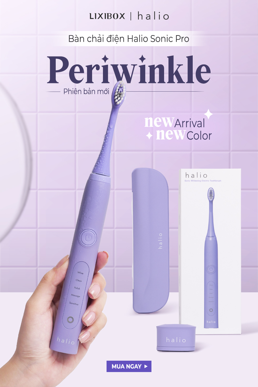 Combo Bàn chải điện Sonic Whitening Toothbrush Và Máy Tăm Nước Cầm Tay Halio UltraClean Oral Irrigator - Periwinkle