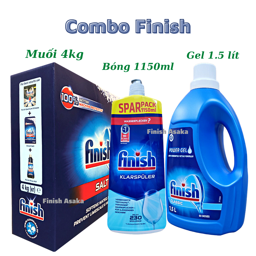 Combo Rửa bát Finish : Nước làm bóng chai 1150ml, Gel classic can 1,5 lít, Muối hộp 4 kg - Chính Hãng.