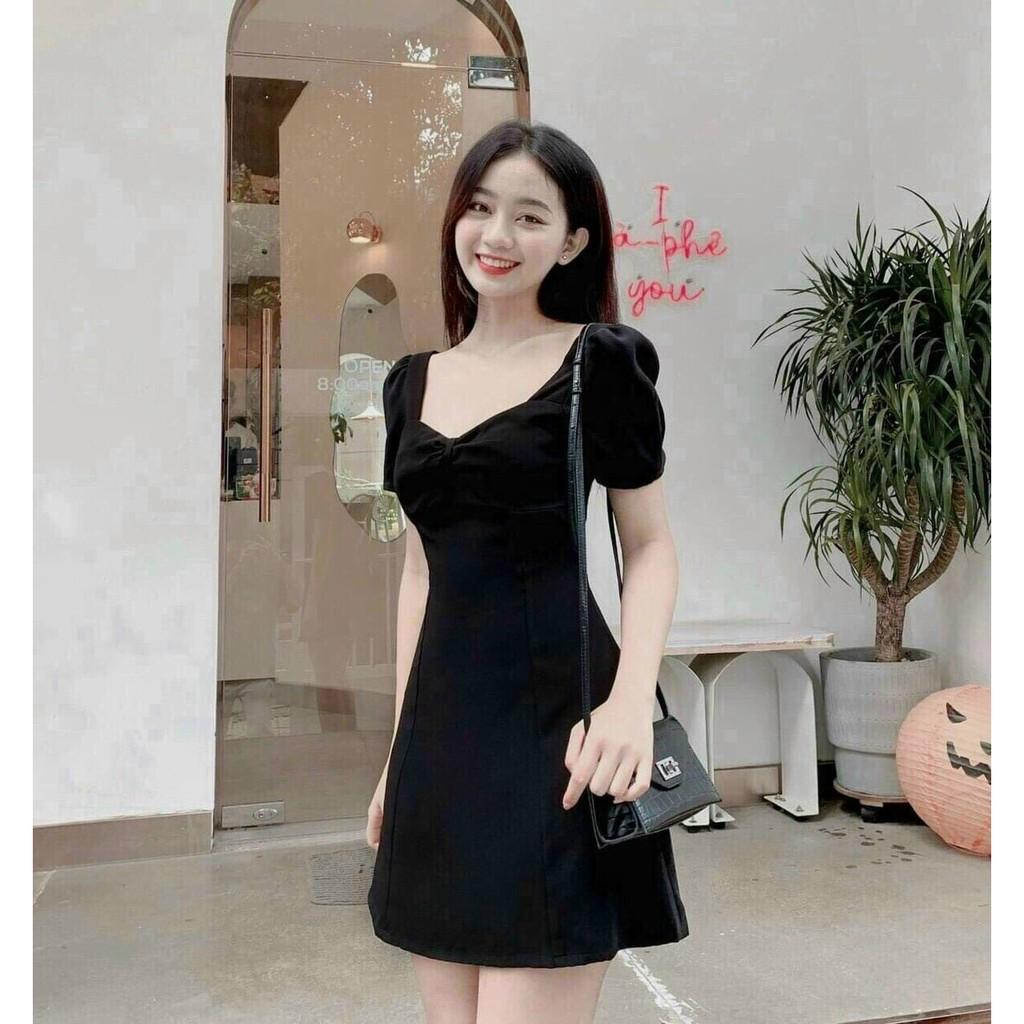 Đầm đen tay ngắn thắt nơ sang trọng