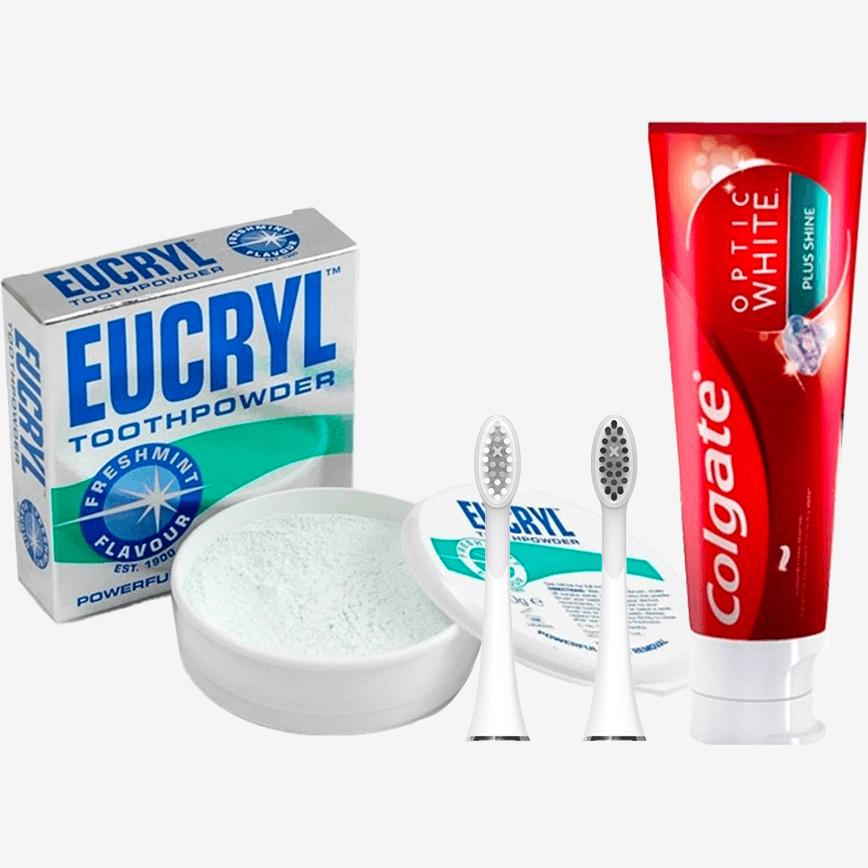 Combo 2 đầu bàn chải Halio, Kem đánh răng Colgate &amp; bột trắng răng Eurcyl