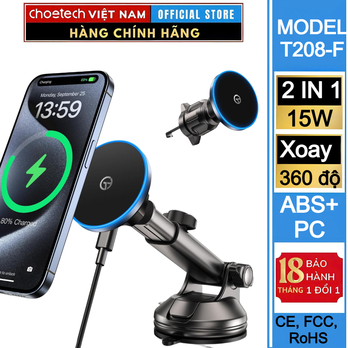 Bộ giá đỡ điện thoại hít nam châm 2in1 dùng trên ô tô Choetech T208-F sạc nhanh công suất 15W - Hàng chính hãng