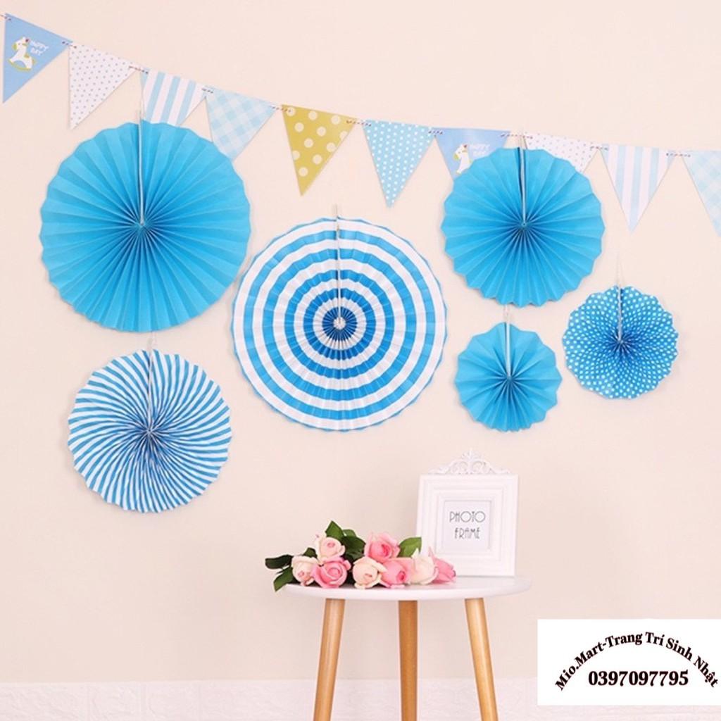 Bộ 6 Quạt Party Fan Trang Trí Bằng Giấy,2 Màu Xanh,Hồng Trang Trí Sinh Nhật Siêu Dễ Thương BB07
