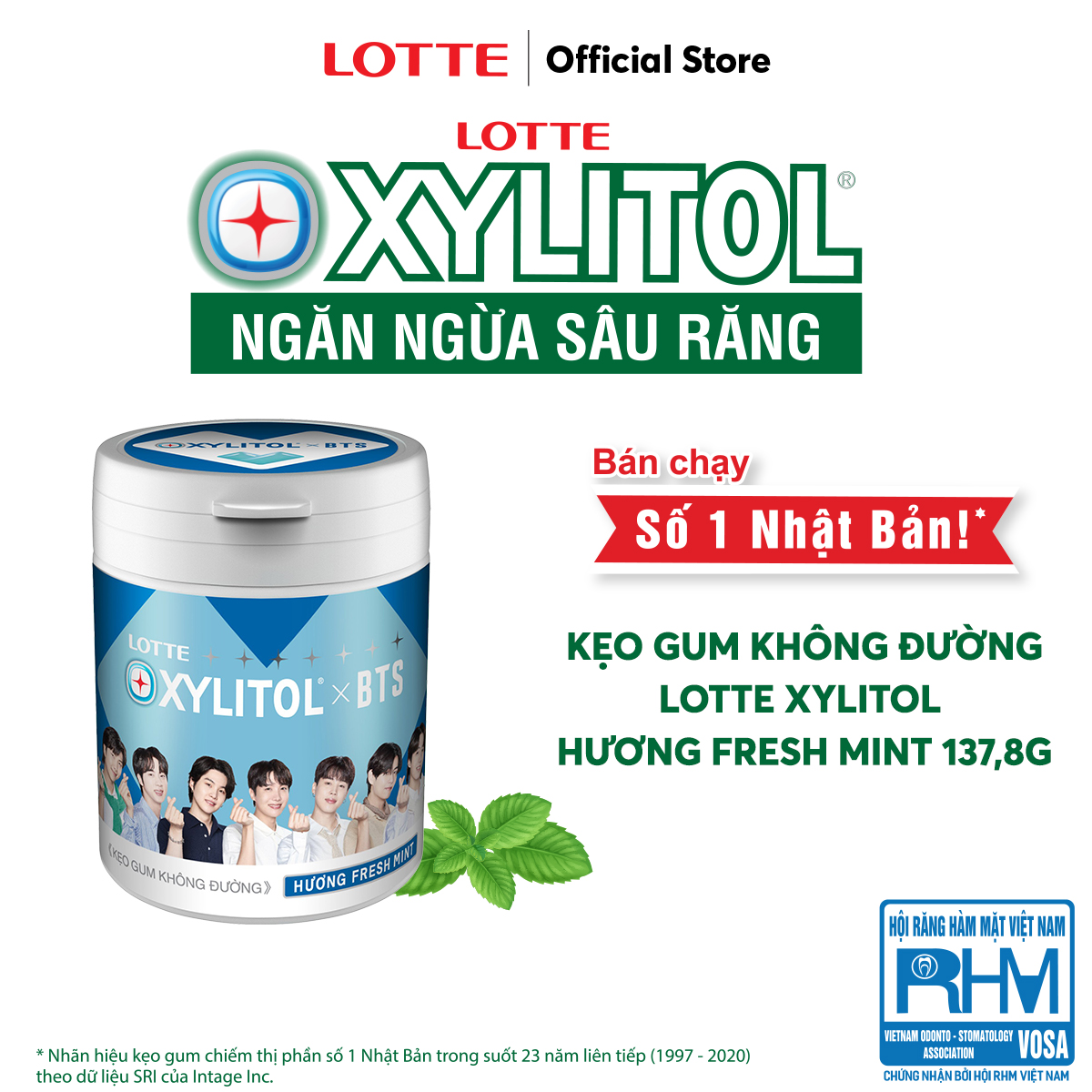 Kẹo Gum không đường Lotte Xylitol - Hương Fresh Mint 130,5 g