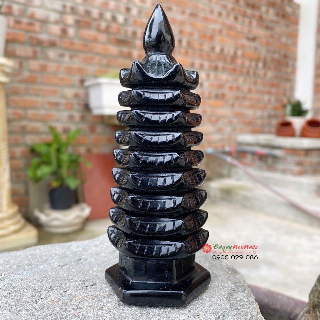 Tháp văn xương 9 tầng phong thuỷ đá Obdsidian cao 13cm - đá Non Nước
