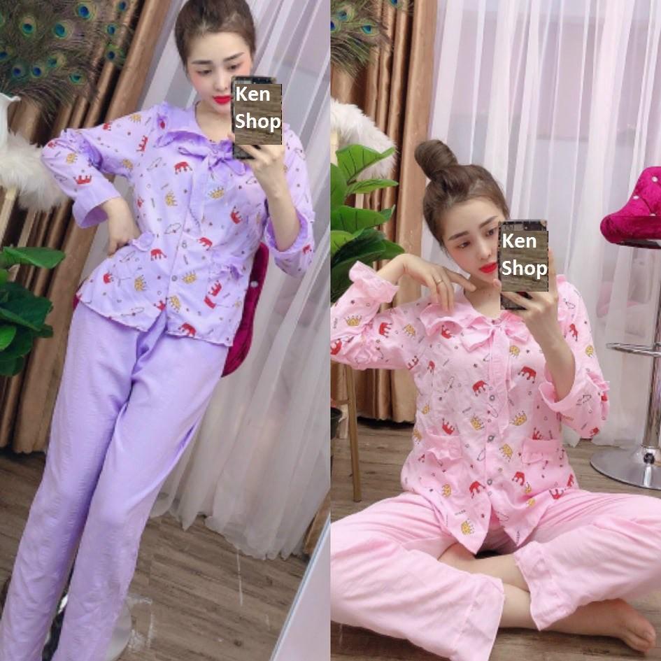 Bộ pijama đũi xốp tiểu thư cổ bèo, quần dài tay dài, 40 đến 59kg
