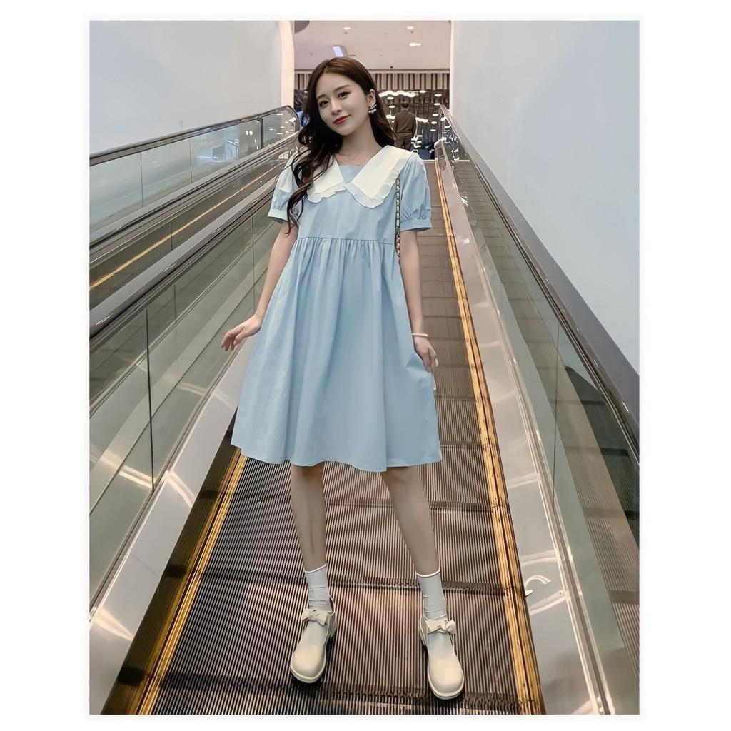 Đầm Nữ Tiểu Thư Xanh Mint Cổ Cổ Sen Phối Màu Cộc Tay Dáng Lỡ