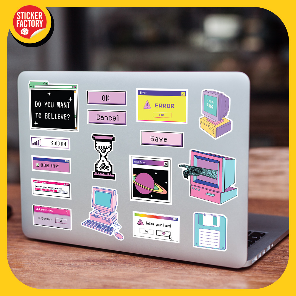 Retro Computer - Set 100 sticker decal hình dán nón bảo hiểm, laptop, xe máy, ô tô - STICKER FACTORY