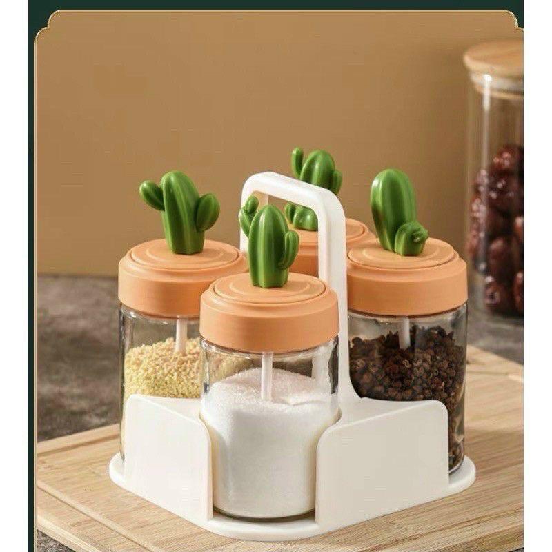 Hũ đựng gia vị thủy tinh xương rồng cao cấp, hộp đựng gia vị kèm thìa tiện lợi