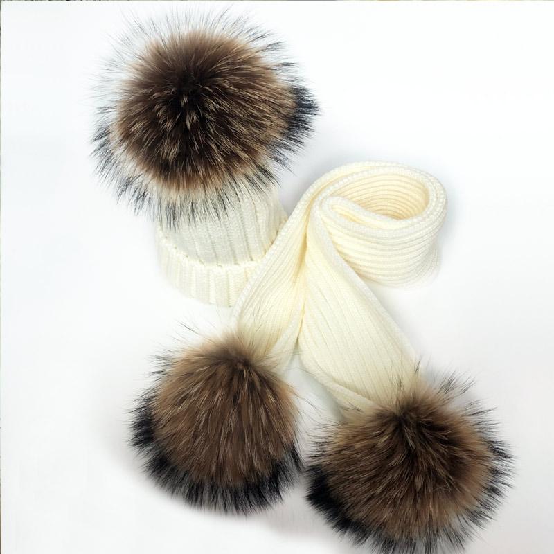 Hình Thật 2021 Gấu Trúc Lông Pompon Mùa Đông Nón Skullies Cô Gái Pom Pom Beanie Ấm Dệt Kim Bobble Lông Pompom Mũ Và Khăn bộ Trẻ Em