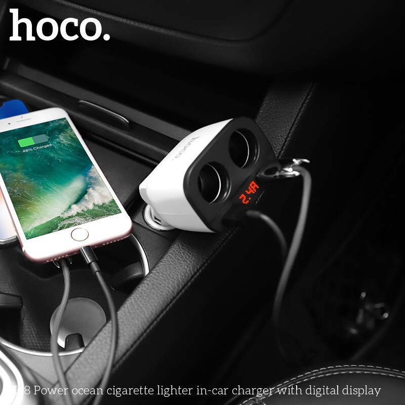 Củ sạc nhanh dùng cho xe hơi Hoco Power Ocean 2 cổng tẩu sạc, 2 cổng sạc USB có đồng hồ - Hàng chính hãng