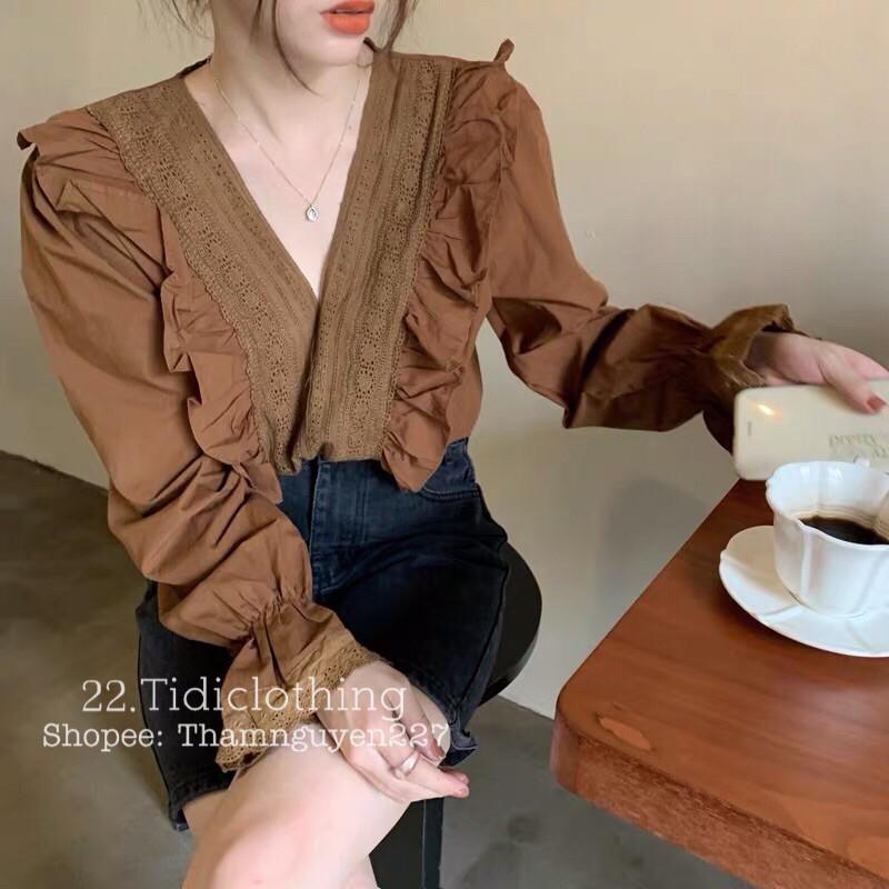 Áo sơ mi cổ V phối ren Hàn Quốc _ sơ mi ulzzang tay dài chất đẹp