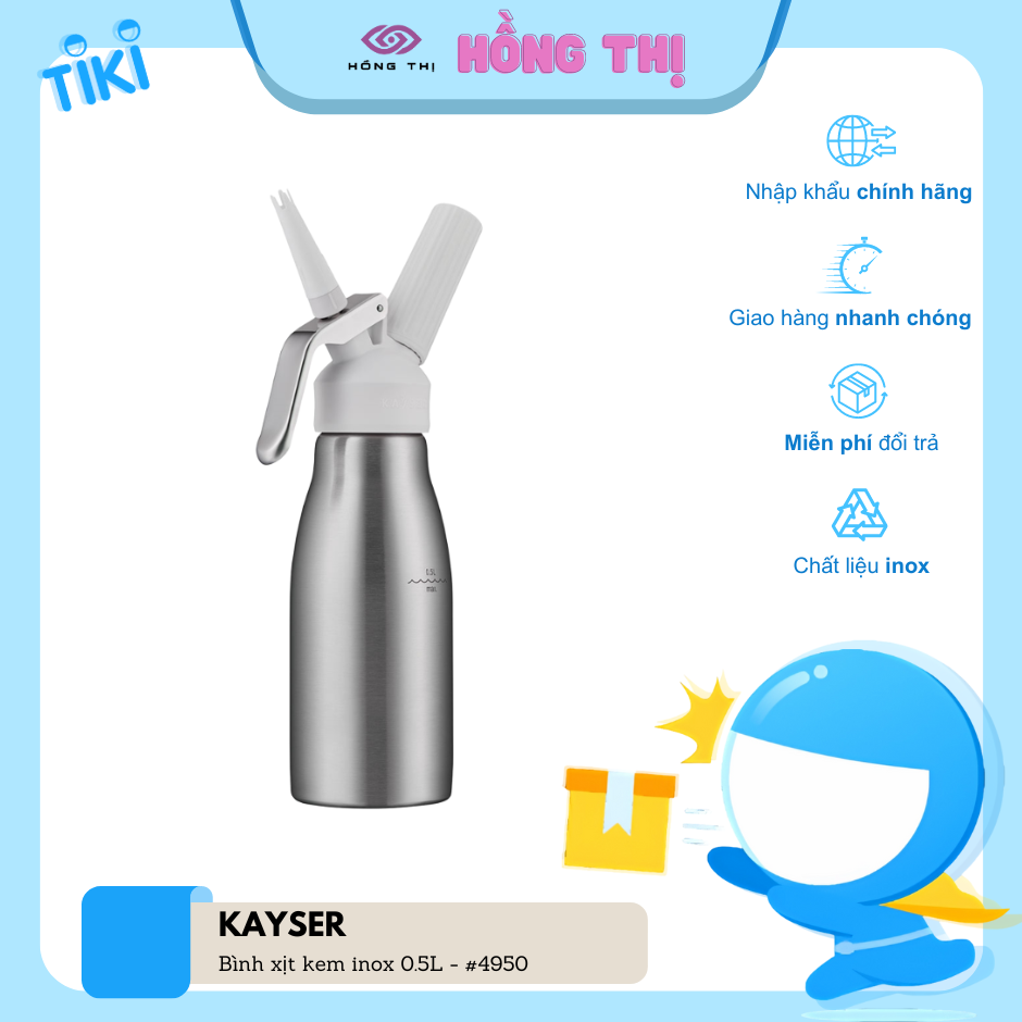 Bình Xịt Kem Tươi bằng Inox hiệu KAYSER dung tích 0.5 Lít mã hàng 4950 (Bình Inox, đầu nhựa) - Hàng Nhập Khẩu