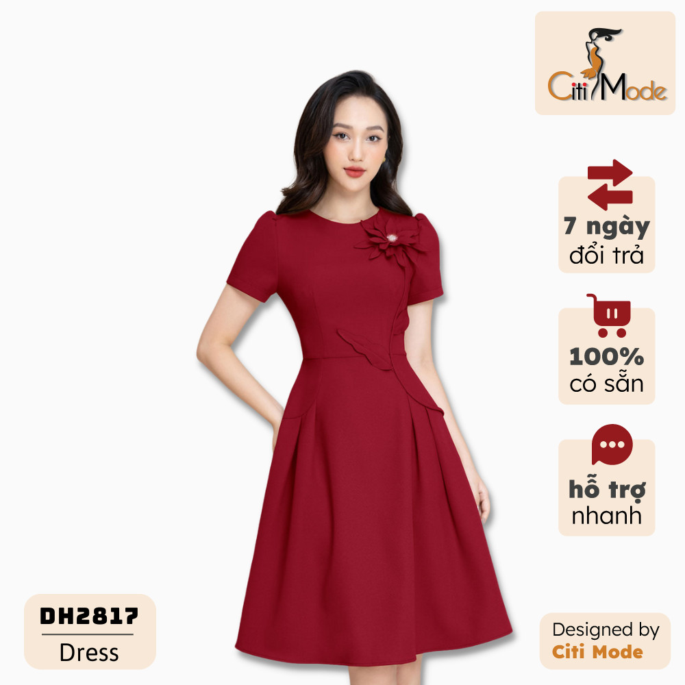 Đầm xòe công sở CITI MODE cao cấp tay ngắn đính hoa ngực DH2817