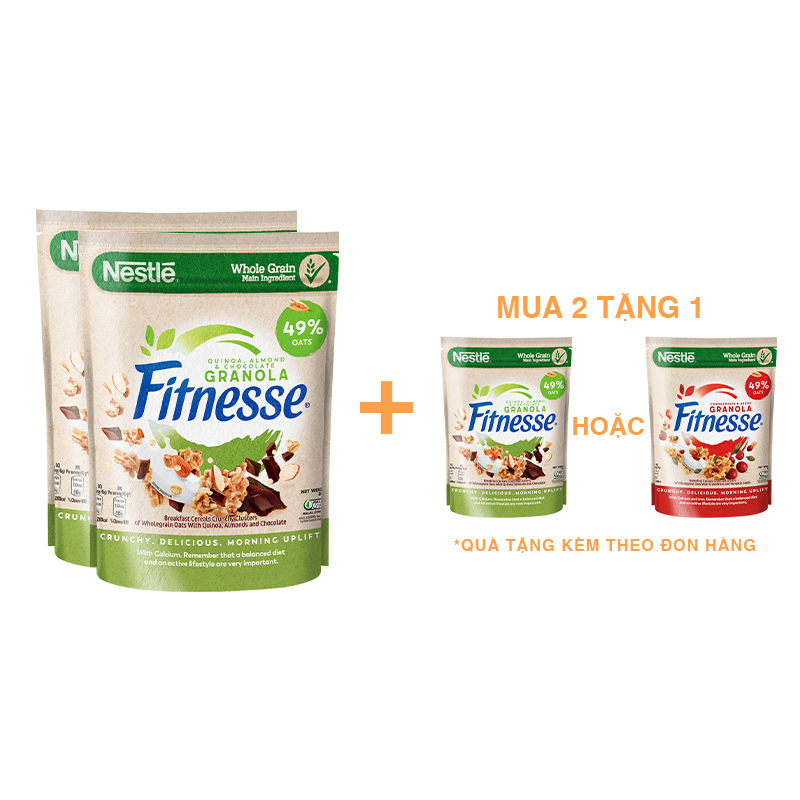 Combo 2 Bịch Ngũ cốc ăn sáng Fitnesse Granola Diêm Mạch, Hạnh Nhân & Sô Cô La (gói 300g)