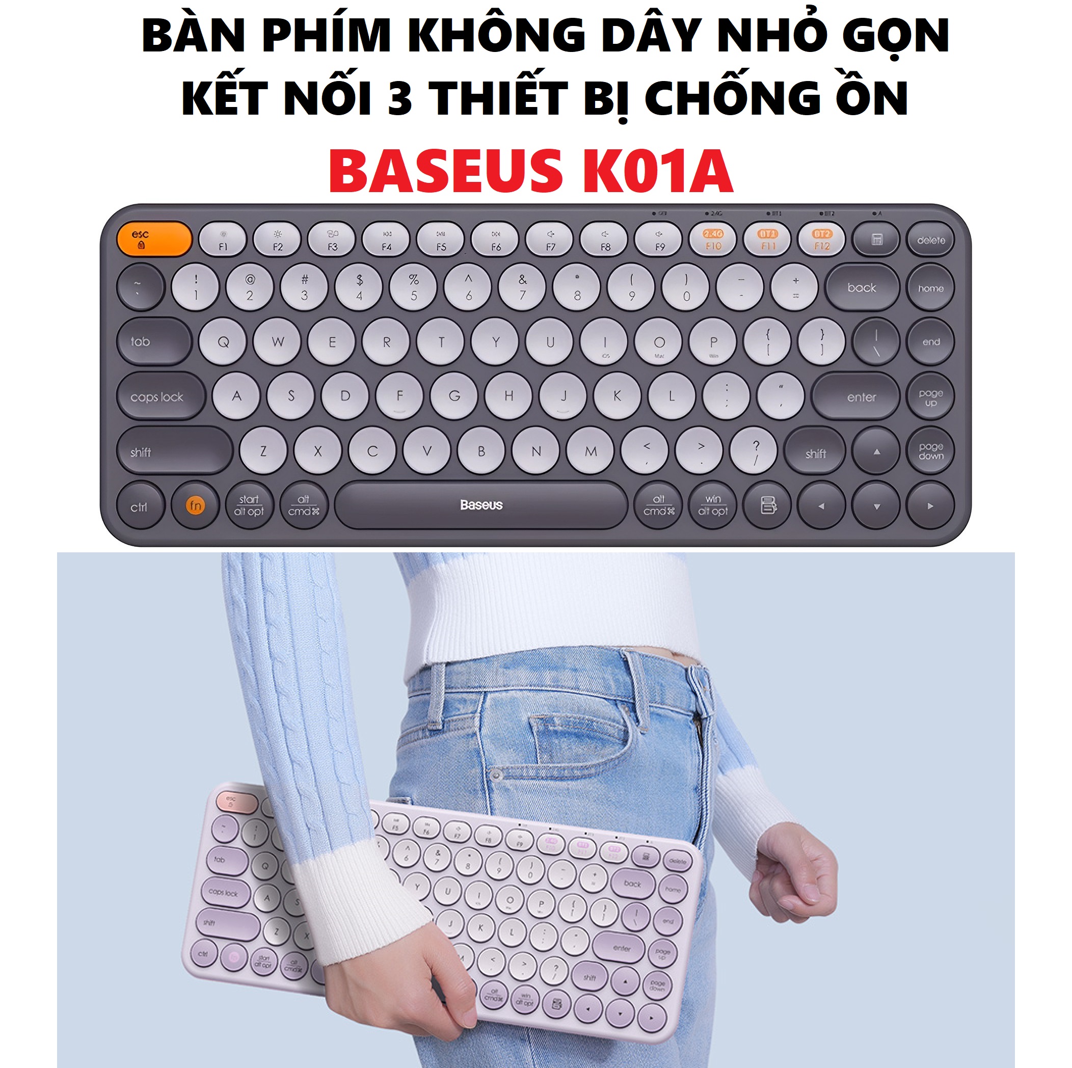 Bàn phím không dây kết nối đa thiết bị nhỏ gọn chống ồn Baseus K01A K01B _ hàng chính hãng