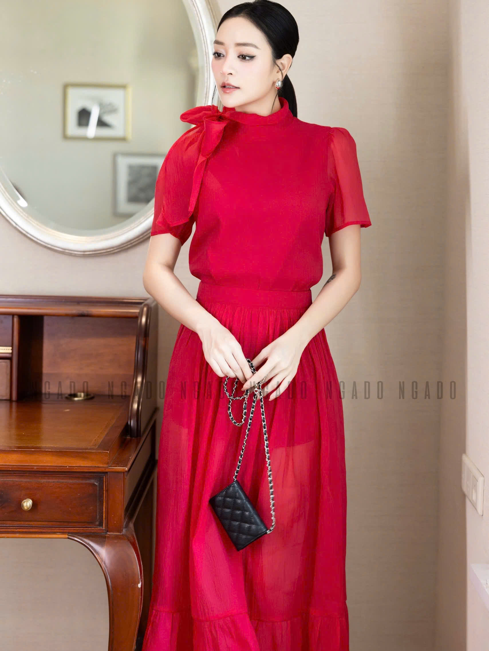 Set áo váy đỏ cột nơ NGADO, Set đồ nữ , Set áo kèm chân váy xòe , Set áo váy thiết kế