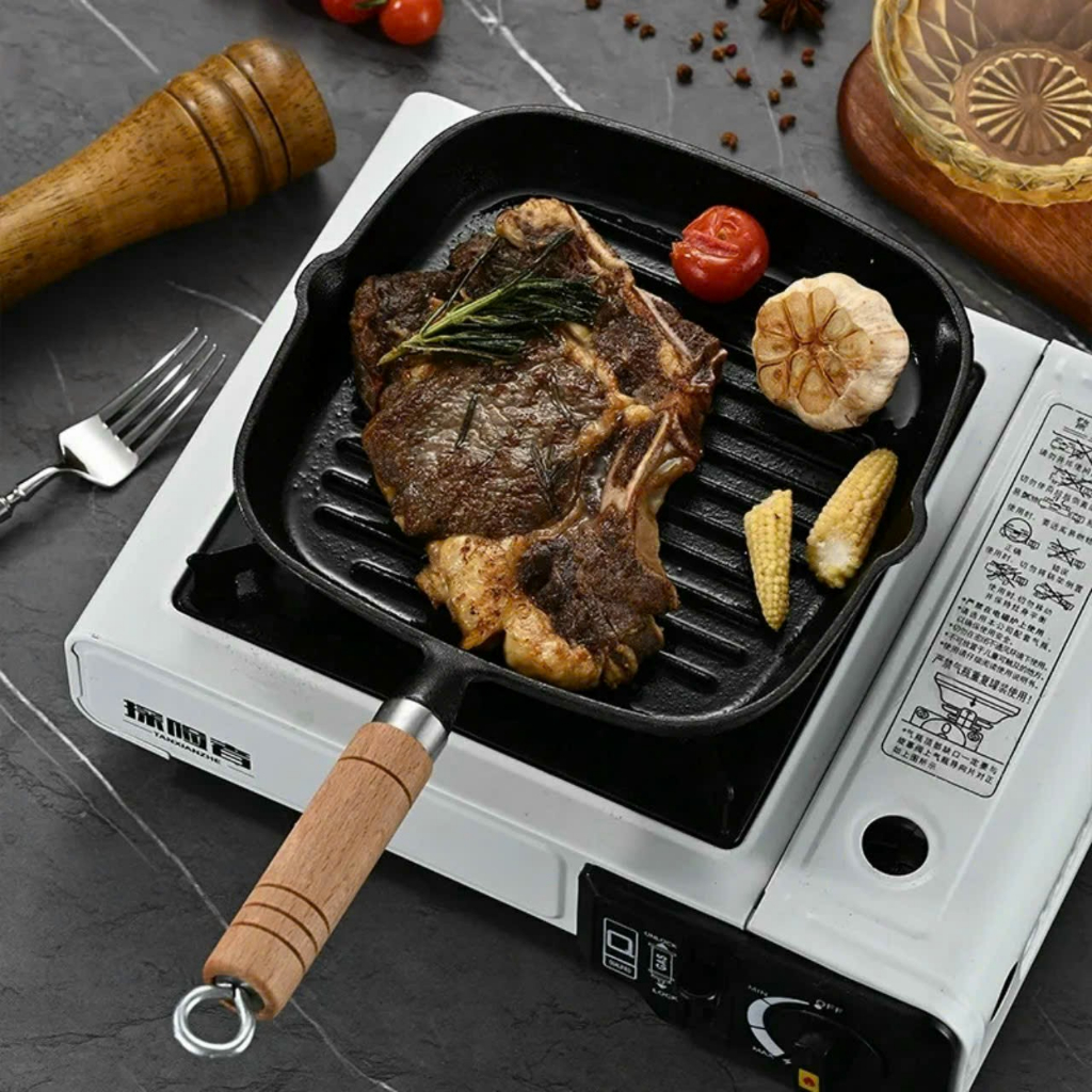 Chảo Gang Nướng Chống Dính Cán Gỗ Sọc Ngang Nướng Bbq Bò Bít Tết Gang Đúc Nguyên Khối