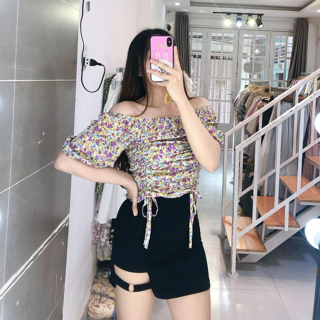 ÁO HOA CROPTOP RÚT NGỰC TRỄ VAI - QUẢNG CHÂU