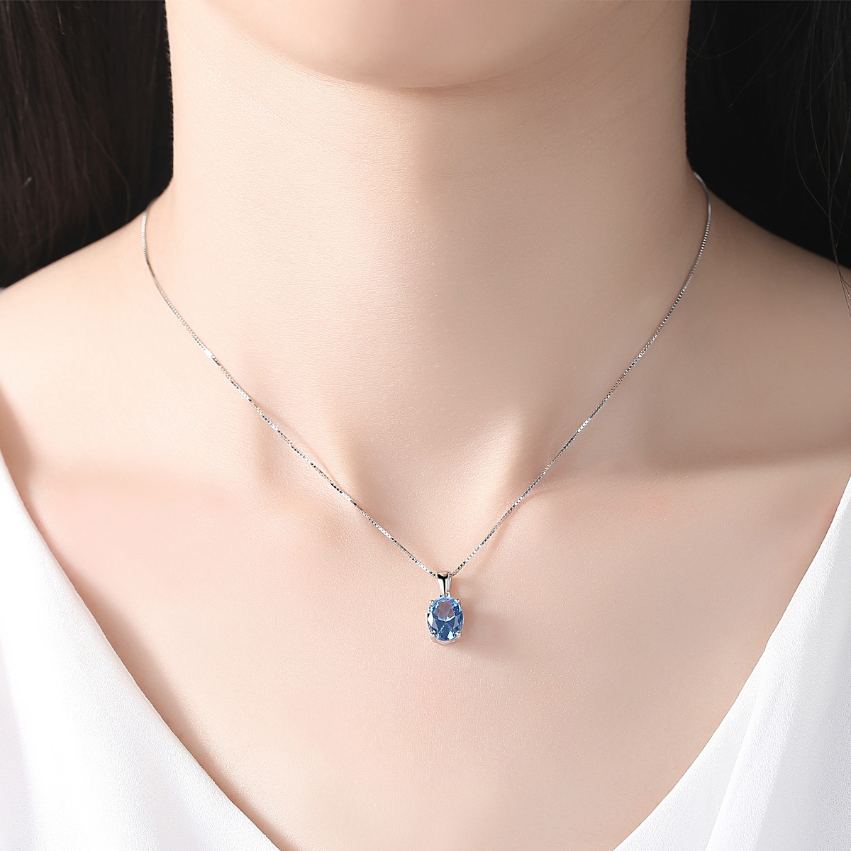 Dây Chuyền Bạc Nữ S925 Đính Đá Xanh Dương Sang Trọng, Vòng Cổ Bạc Đính Đá Topaz Xanh - M1447 - Bảo Ngọc Jewelry