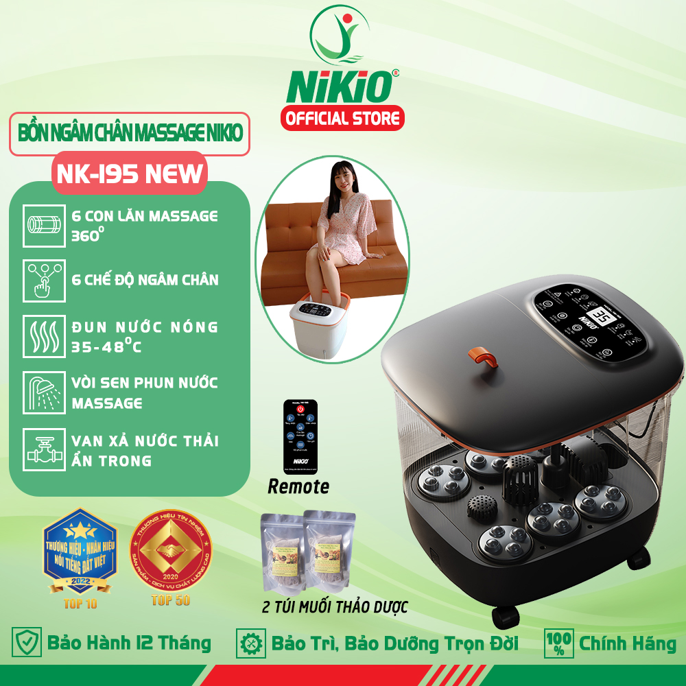 Bồn  Ngâm Massage Chân Nikio NK-195 NEW - Tự Động Làm Nóng Nước Và Giữ Ấm Nước, Tùy Chỉnh Được Nhiệt Độ Nước, Có Điều Khiển Cầm Tay - Cải Thiện Giấc Ngủ, Giảm Stress, Giảm Đau Nhức Chân, Lạnh Chân