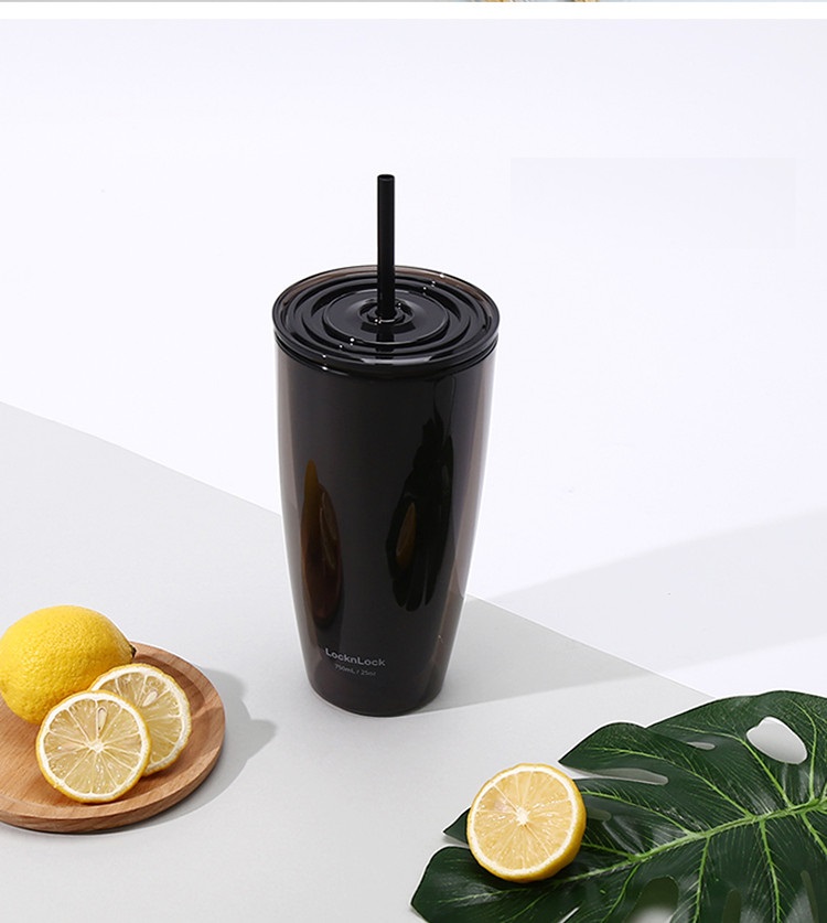 Ly nhựa 2 lớp Lock&amp;Lock màu đen HAP507BLK 750ml - Hàng chính hãng, có ống hút, có nắp đậy - JoyMall