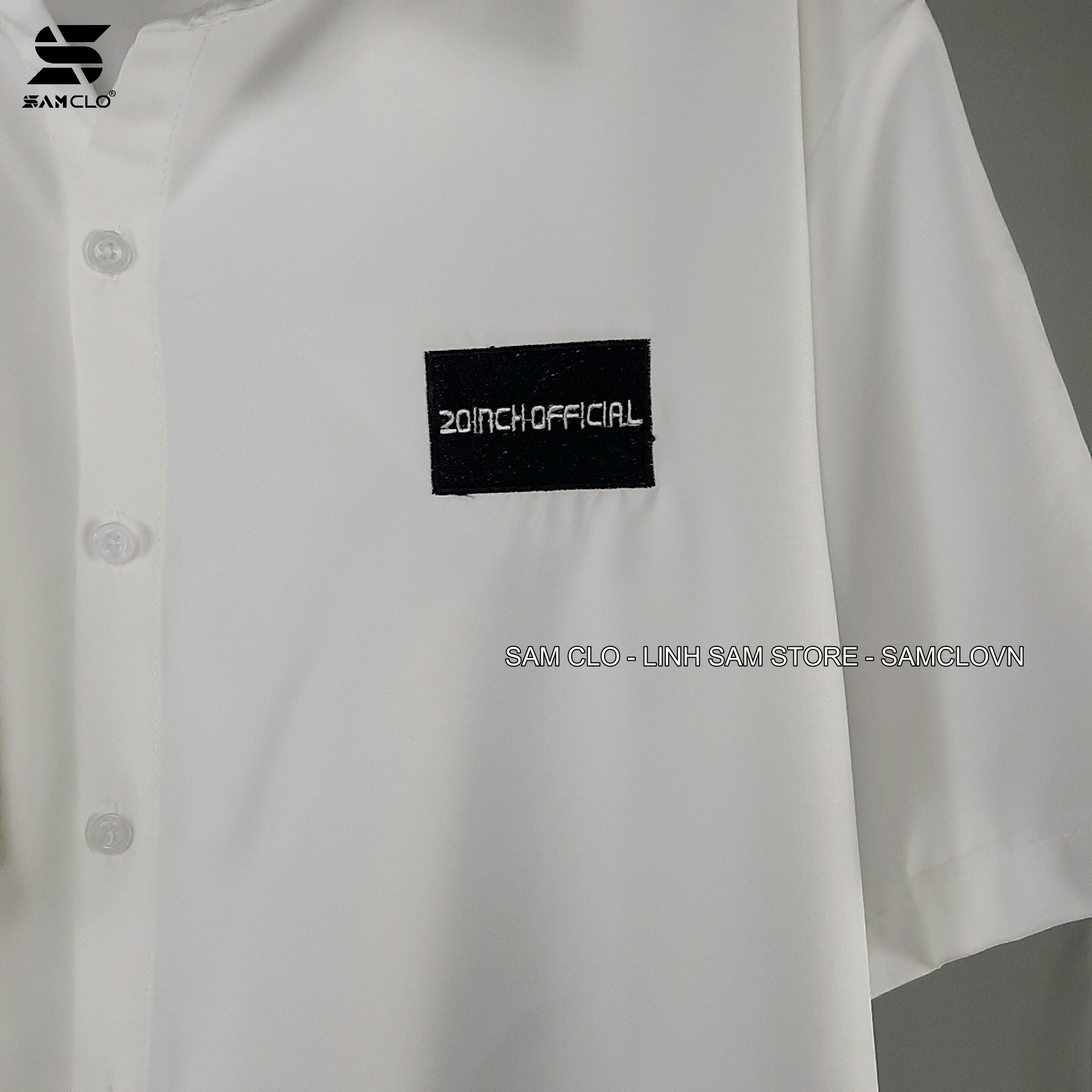 Áo SƠ MI NỮ form rộng cổ bẻ tay lỡ có túi dáng ulzzang freesize unisex thêu LOGO ĐEN 20 INCH màu trắng