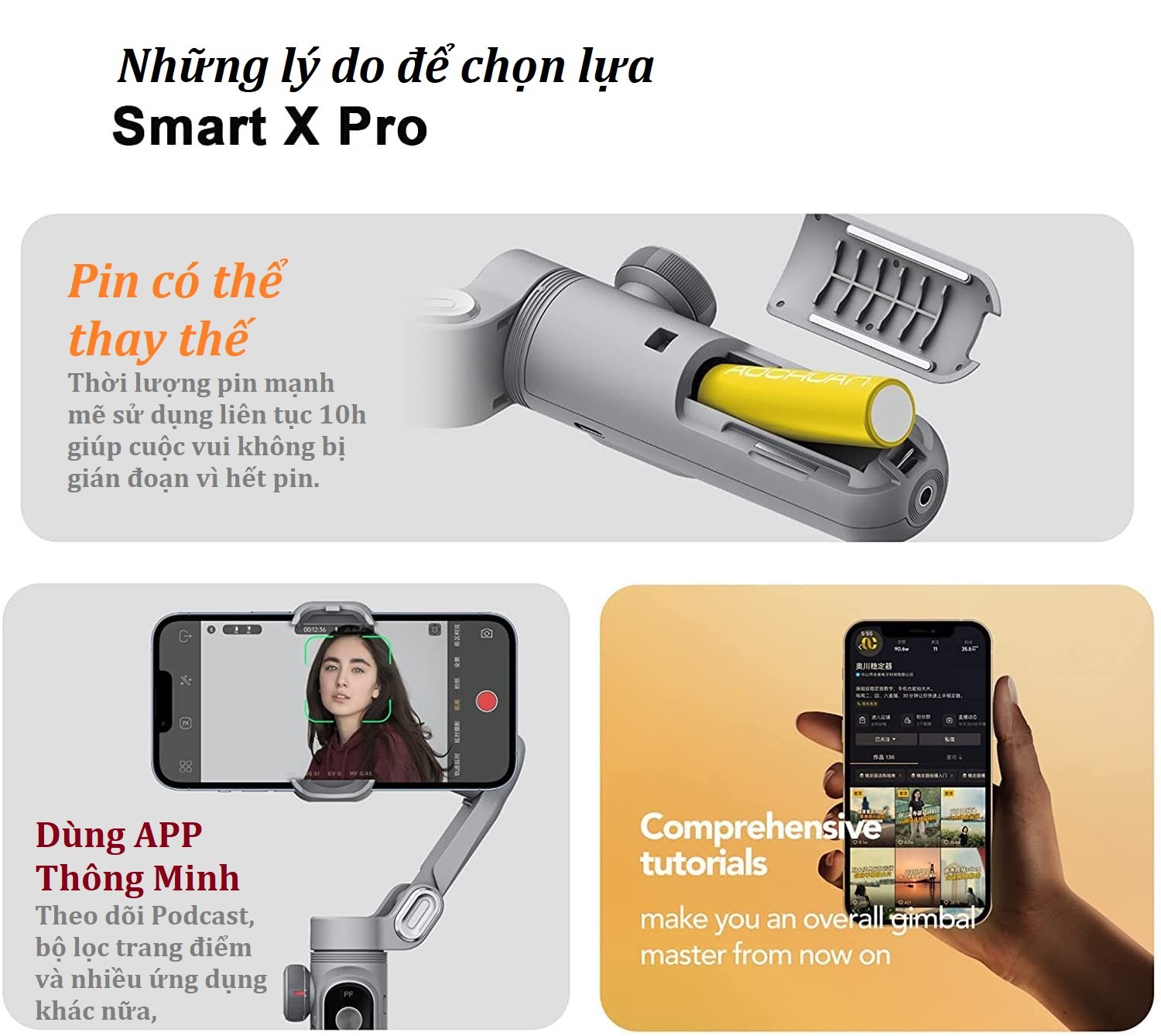 Gimbal chống rung cho điện thoại Smart X Pro - Tay cầm chống rung 3 trục tích hợp sạc không dây - Đèn LED hắt sàng - ĐA TÍNH NĂNG.