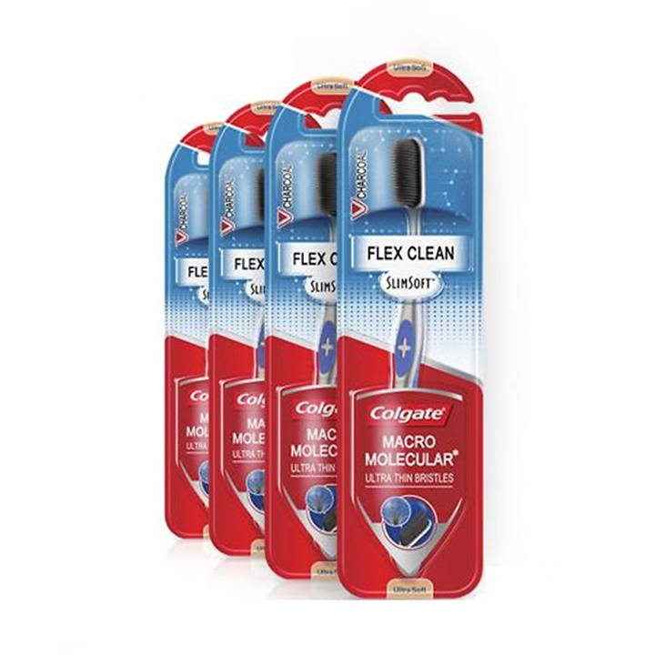 Bộ 4 bàn chải Colgate than hoạt tính kháng vi khuẩn Slimsoft Flex Clean Charcoal nguyên khối (Màu ngẫu nhiên)