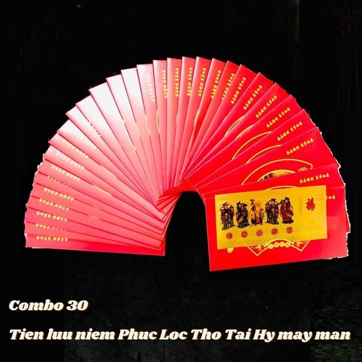 Combo 30 tờ lì xì Phúc Lộc Thọ Tài Hỷ màu vàng may mắn, chất liệu nhựa plastic, dùng để treo trong nhà, trên cây hoa mai, làm tiền lì xì, mừng tuổi, quà biếu tặng dịp Lễ Tết đầy may mắn và ý nghĩa - TMT Collection - SP005146