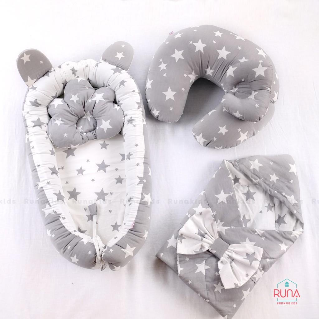 Combo nôi, gối chống bẹp đầu, gối chữ C và chăn bế RUNA KIDS hỗ trợ cho bé bú chất liệu Cotton Hàn cao cấp, mềm mịn