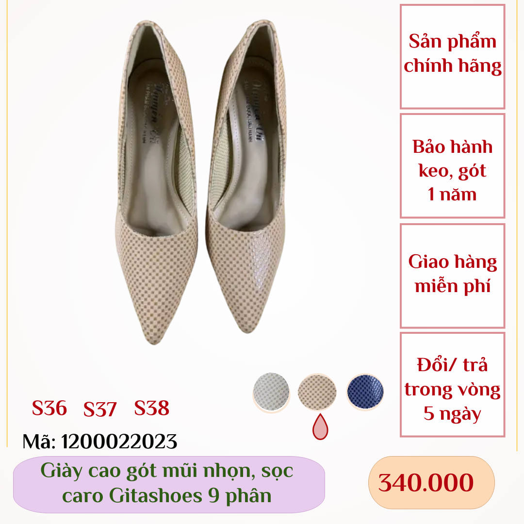 Giày cao gót gitashoes mũi nhọn, hình sọc caro, cao 9 phân - 1200022023