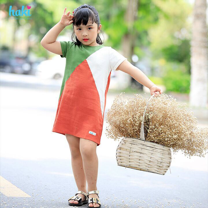 Đầm bé gái linen cộc tay phối tam giác Haki