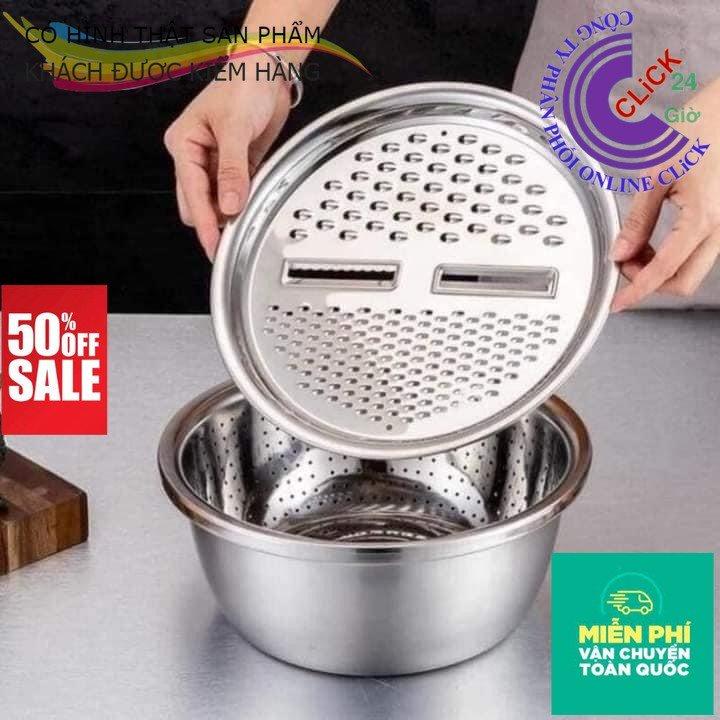 Bộ Thau Rổ Bào Thái Cắt Rau Củ Inox Không Gỉ 3 Trong 1 - Hàng Cao Cấp