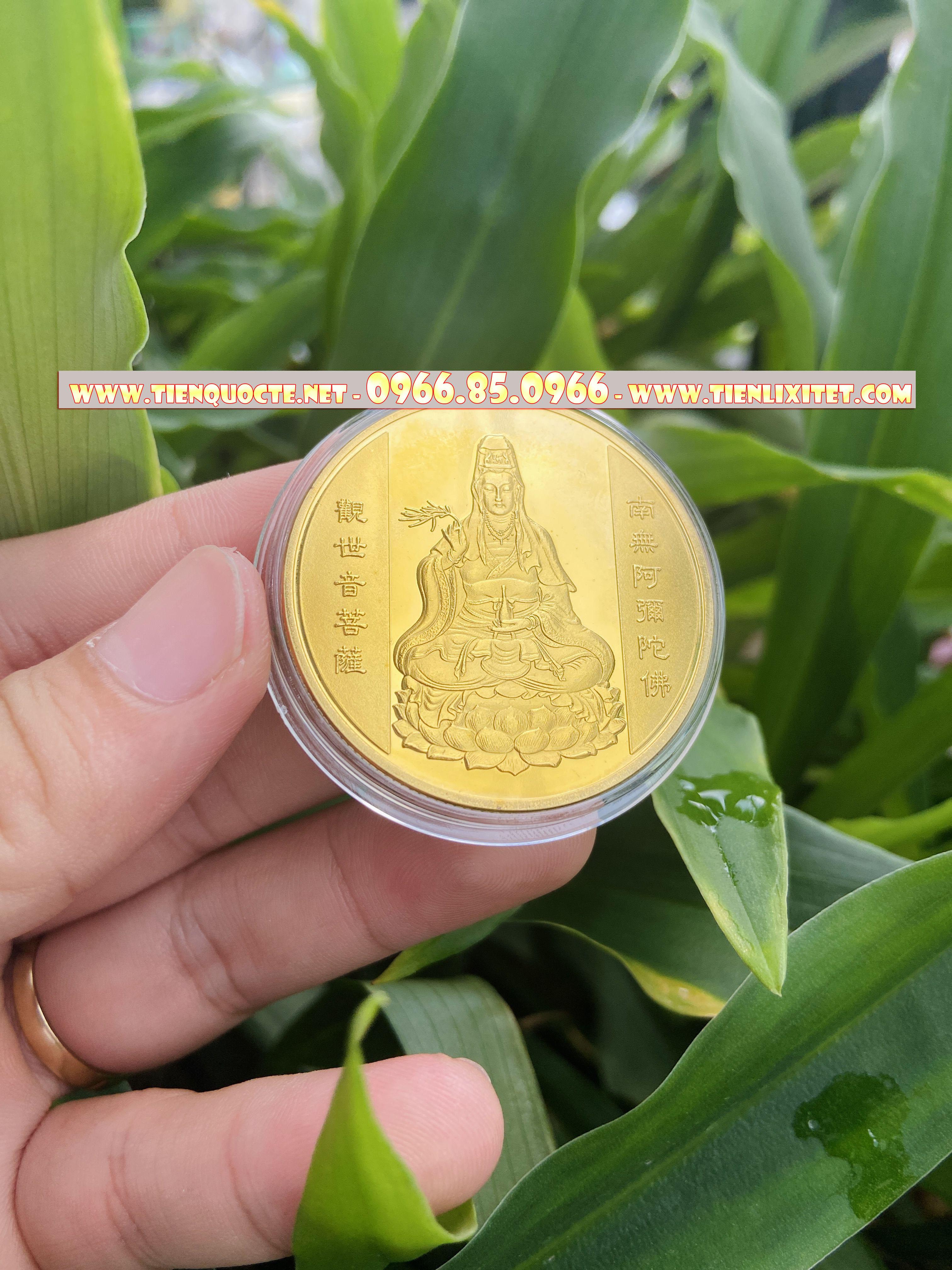 Quà tết 2023 lì xì Đồng Xu Quan Âm Bồ Tát Phong Thuỷ May Mắn Tặng Kèm Túi Gấm LGLSC000169