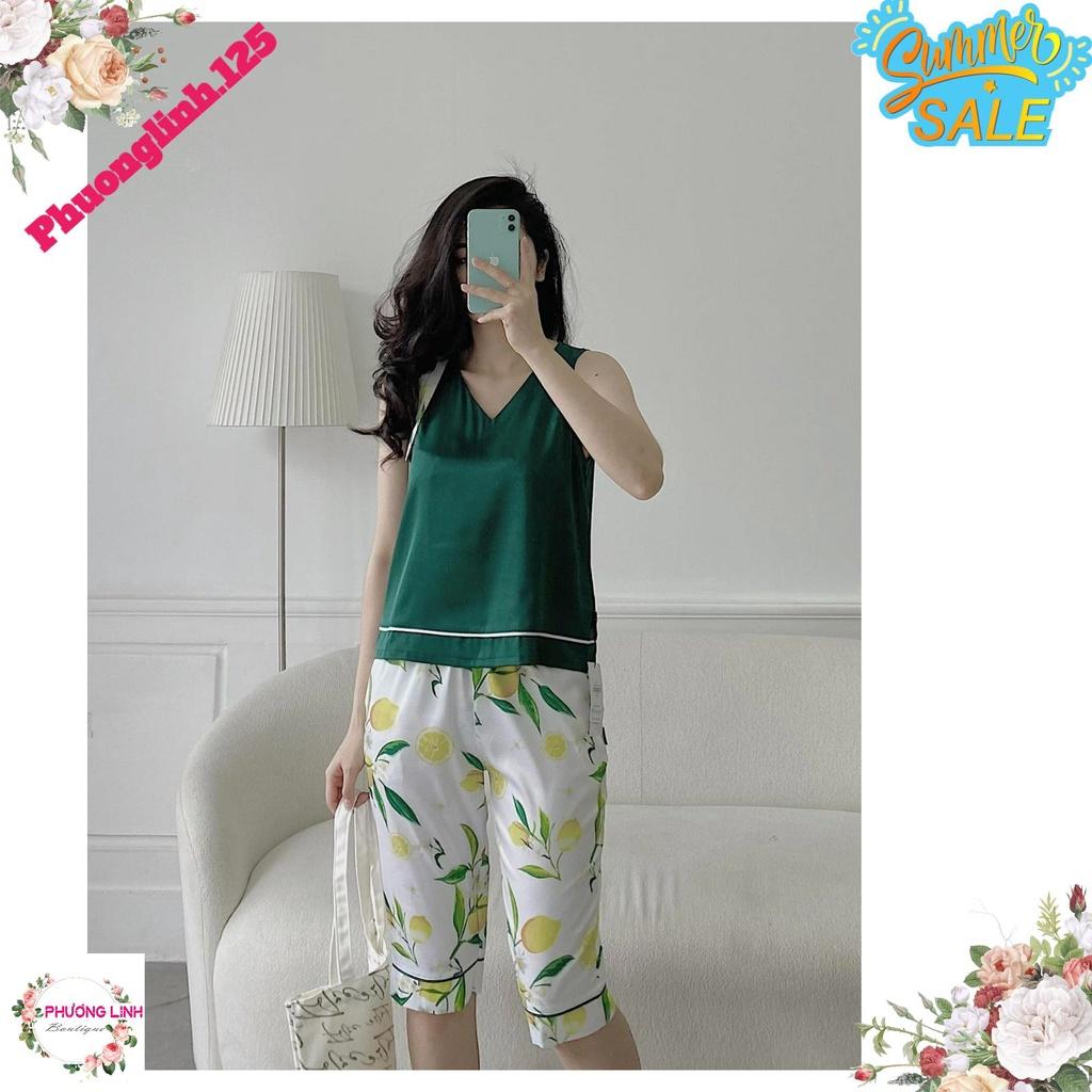 SET LỤA ÁO XANH NƠ VAI QUẦN HOA