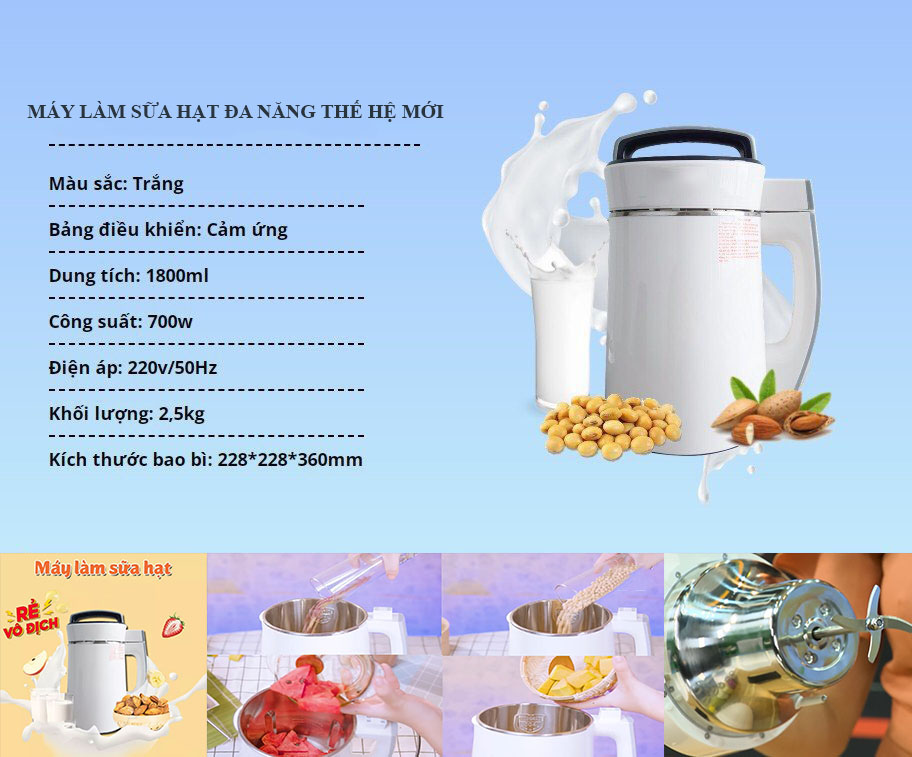 Máy Làm Sữa Hạt, Xay Sinh Tố, Bột ngũ cốc Dinh Dưỡng Đa Năng 700W 1.8 Lít- Hàng Nhập Khẩu