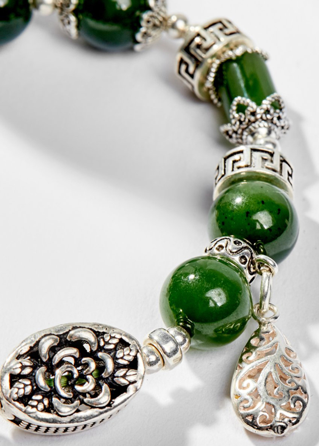 Vòng Tay Phong Thủy Nữ Đá Ngọc Bích Phối Charm Hoa Bạc Mệnh Mộc, Hỏa Ngọc Quý Gemstones