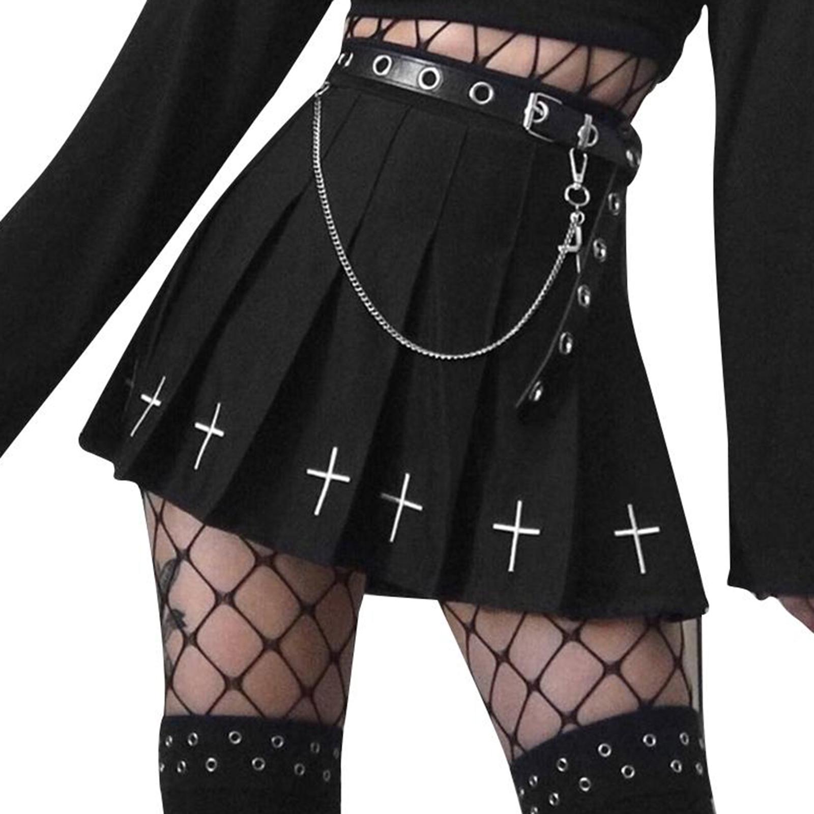 Girls Punk Cross Embroidery Skirts Pleated Women High Waist Mini Skirts Cross Female Black Skirts Cosplay Costumes Skirts