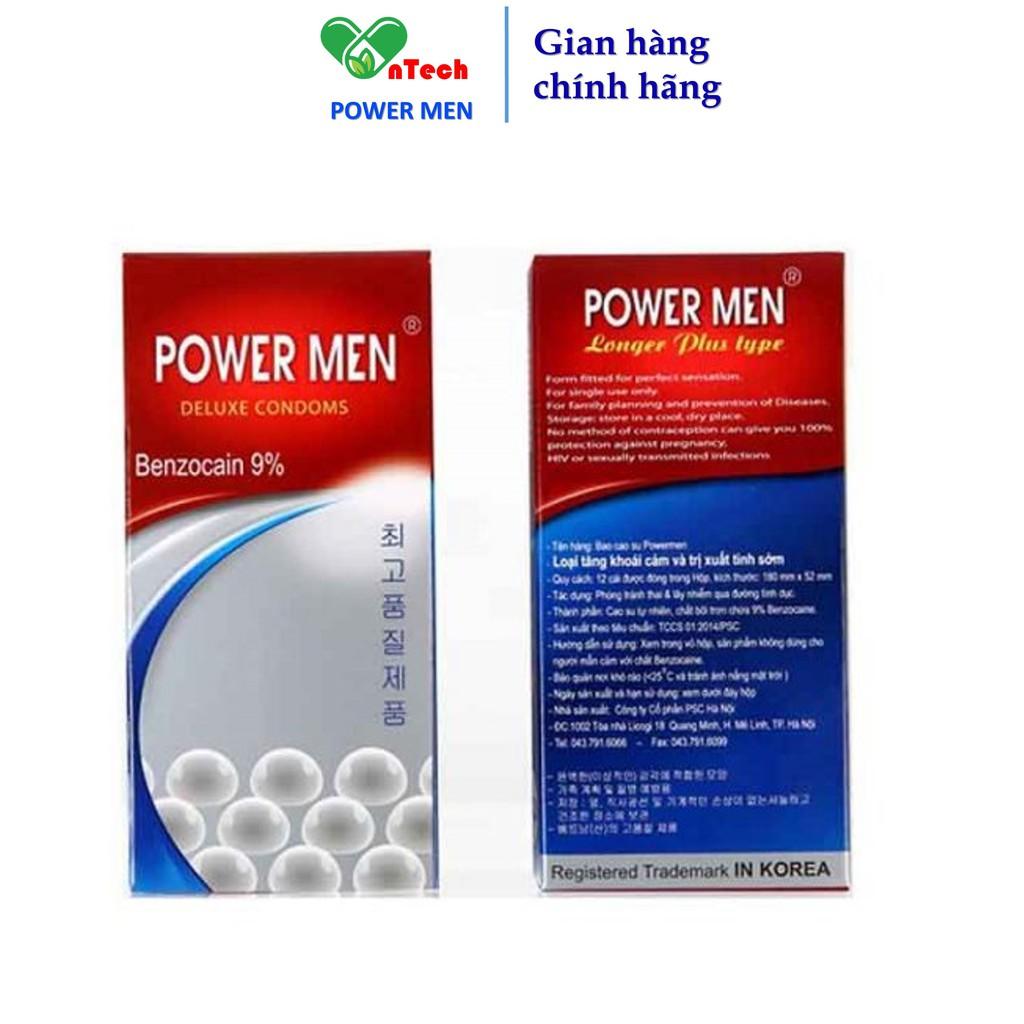 Bao cao su POWER MEN LONGER PLUS siêu mỏng gân gai nổi kéo dài thời gian 9% Benzocain chống xuất tinh sớm hộp 12 chiếc