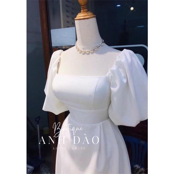Váy đầm trắng Vintage dáng xòe dự tiệc cổ vuông tay bo bồng dài V121 full size AĐ BOUTIQUE