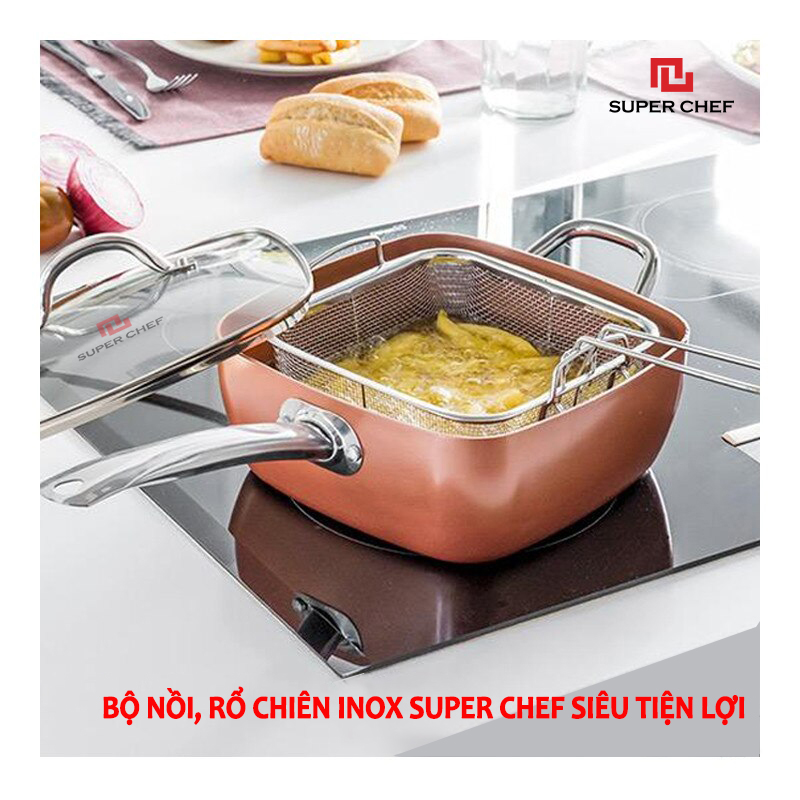 Bộ Nồi Chống Dính Ceramic Vuông Và Rổ Chiên Inox 304 5 Trong 1 Đa Năng Siêu Tiện Lợi, Dùng Mọi Loại Bếp, Thách Thức Mọi Món Ăn,  Chống Dính An Toàn, Không Bong Tróc, Hạn Chế Trầy Xước SIêu Bền Bỉ