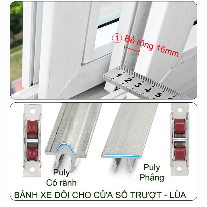 Bộ 2 bánh xe đôi cho cửa trượt-cửa lùa khung thép không gỉ, bánh xe nhựa Nilong rộng 16mm, dùng cho cửa trượt-lùa