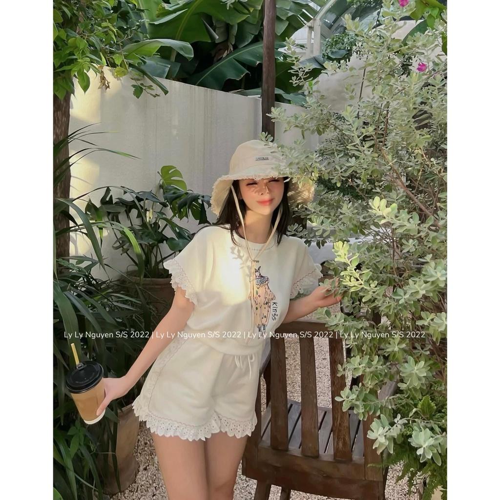 Đồ bộ đi chơi nữ Set áo croptop mix quần sooc phối viền ren bánh bèo, Áo crt tay rộng mix quần sooc viền ren cực xinh
