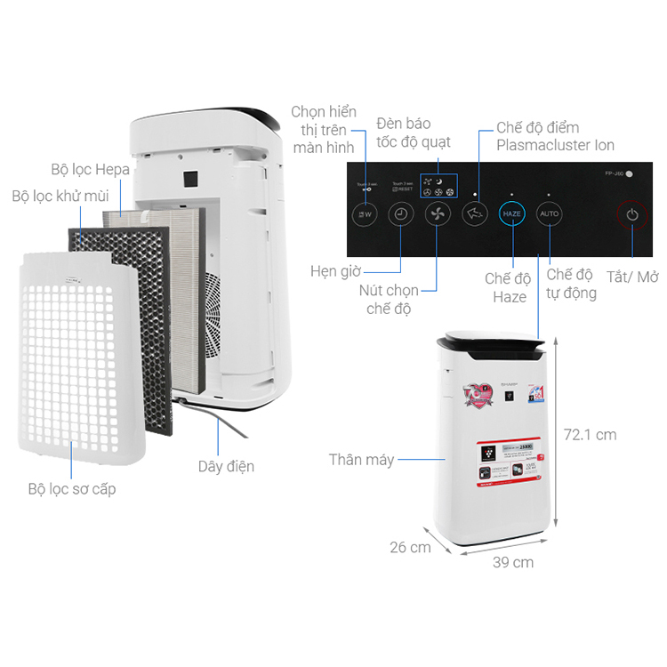 Máy lọc không khí Sharp FP-J60E-W (38W) - Hàng chính hãng