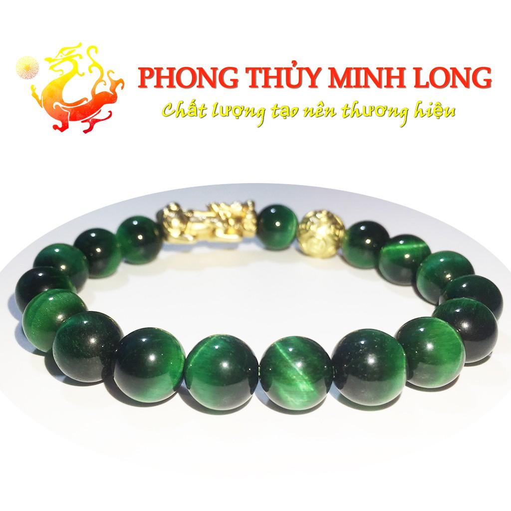Vòng tay đá Mắt Hổ Xanh Lá chất lượng 5A mix Tỳ Hưu và 1 hạt kim tiền Vàng hợp mệnh Mộc và Mệnh Hỏa