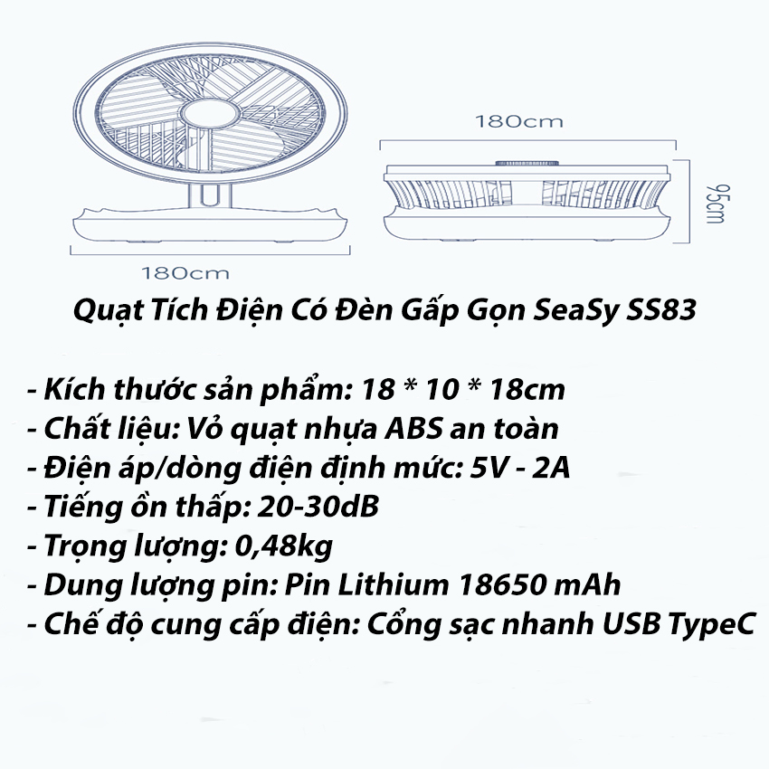 Quạt tích điện mini Đa Năng SeaSy SS83 có đèn Led hỗ trợ Livestream, có thể gấp gọn để bàn hoặc gắn treo tường có 4 mức gió xoay 300 độ - Hàng Chính Hãng