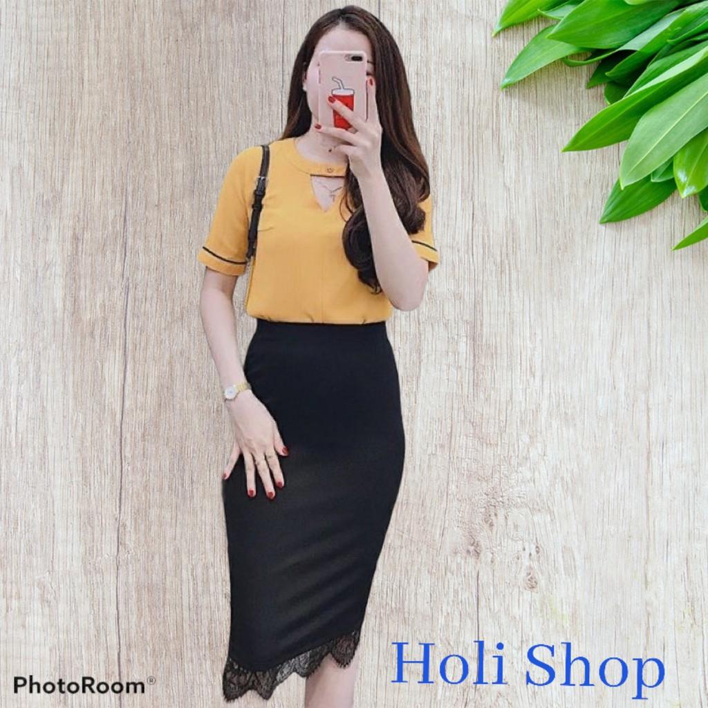 Chân váy công sở dáng dài, chân váy bút chì Umi phối ren